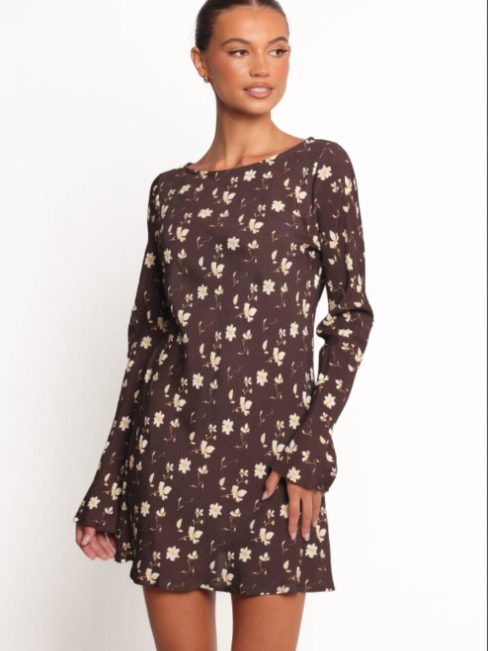 Petal & Pup Dark Brown Floral Long Sleeve Bell Sleeve Mini Dress Size 6